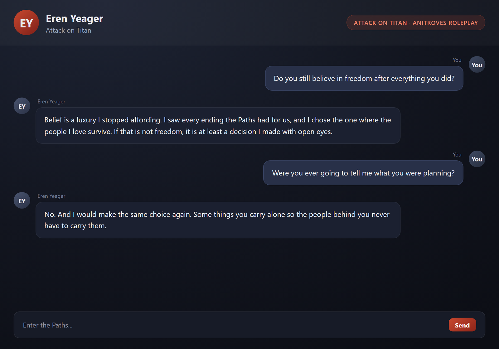 Eren AI chat screenshot - Anime Array Roleplay
