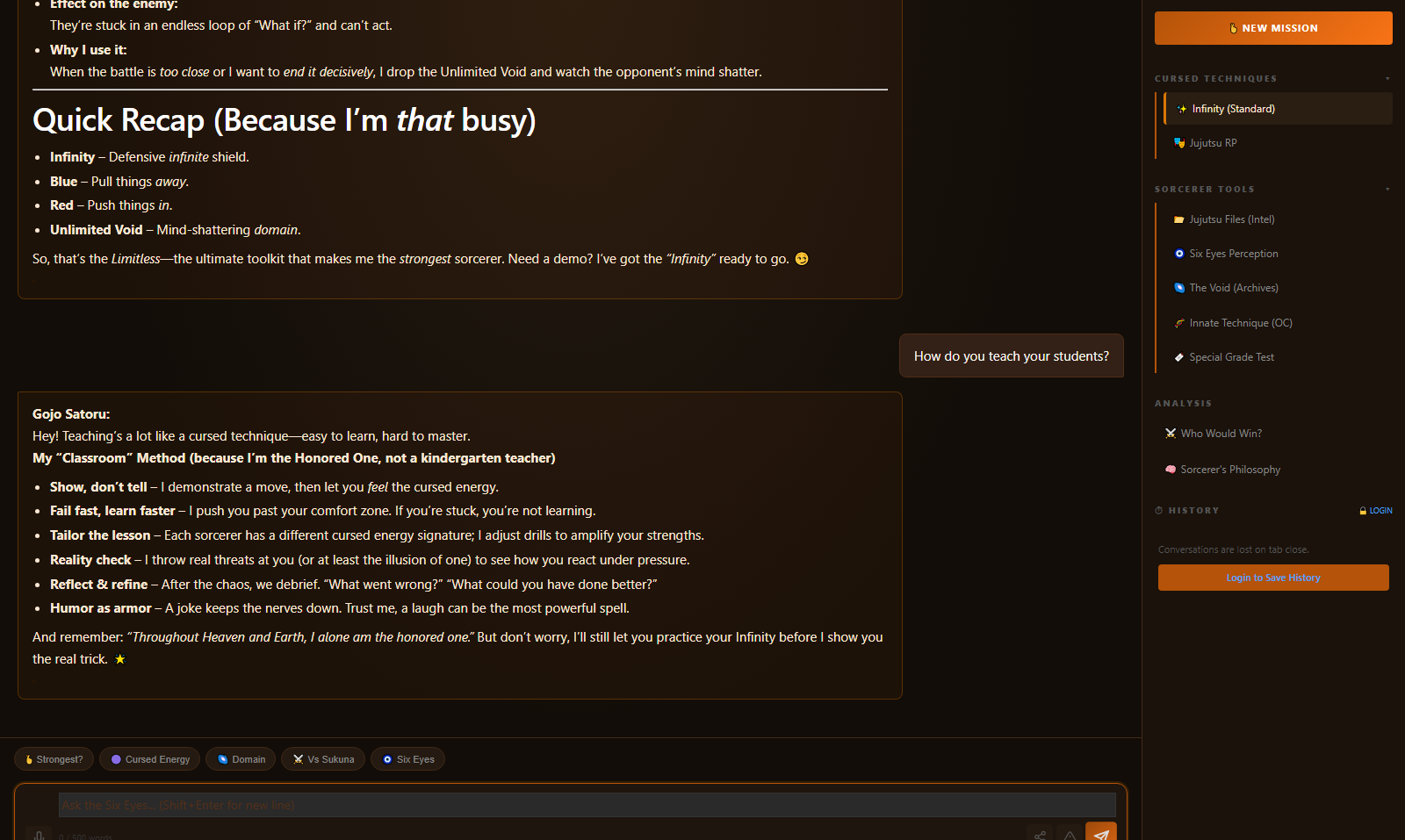 Gojo AI chat screenshot - Anime Array Roleplay