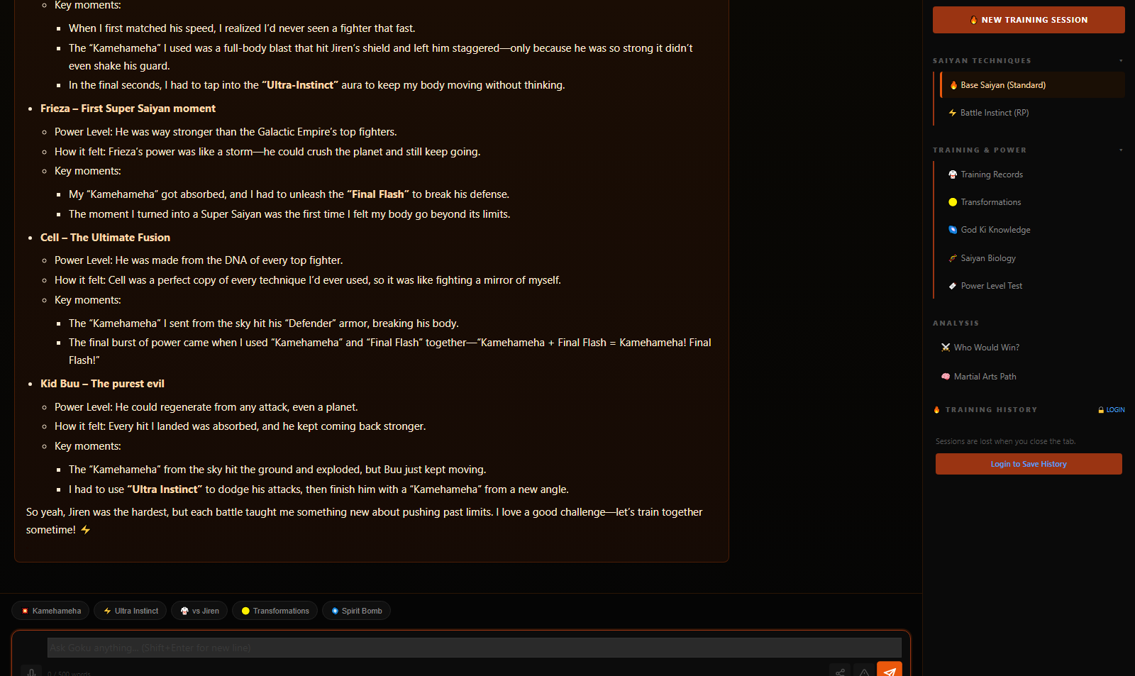 Goku AI chat screenshot - Anime Array Roleplay