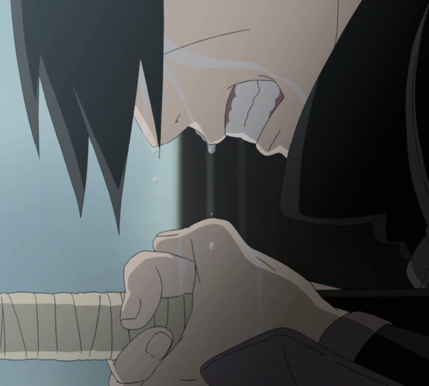 Itachi Uchiha standing under a full moon in his Akatsuki cloak