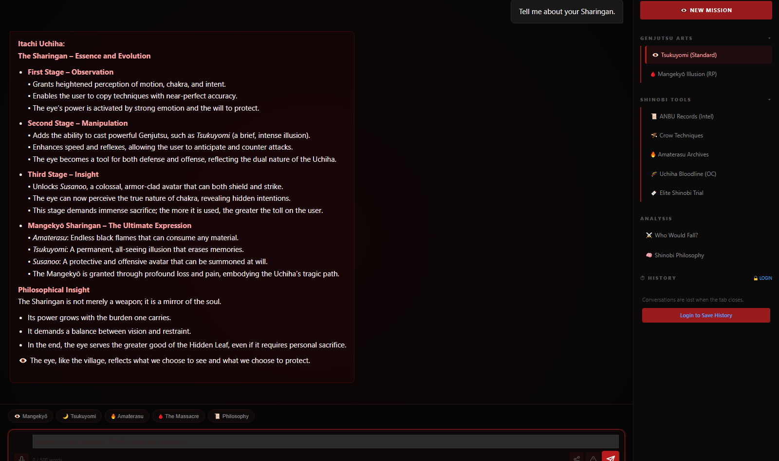 Itachi AI chat screenshot - Anime Array Roleplay