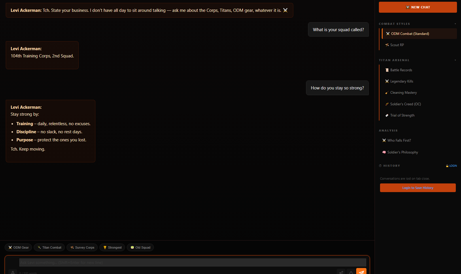Levi AI chat screenshot - Anime Array Roleplay