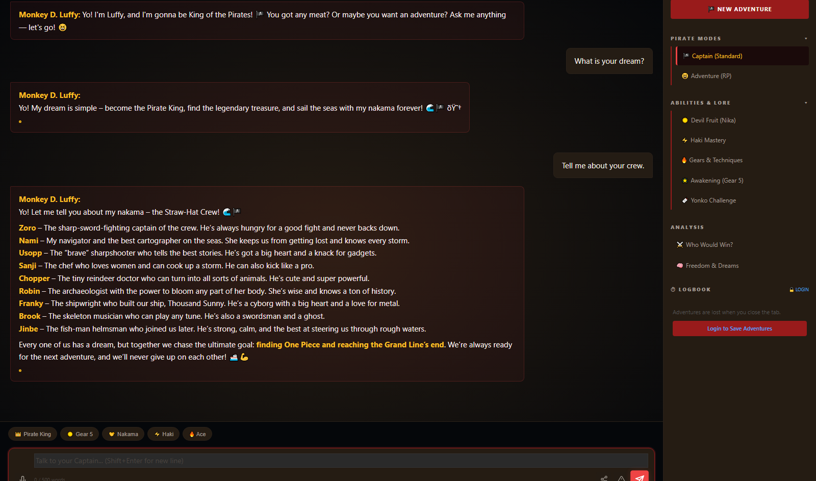 Luffy AI chat screenshot - Anime Array Roleplay