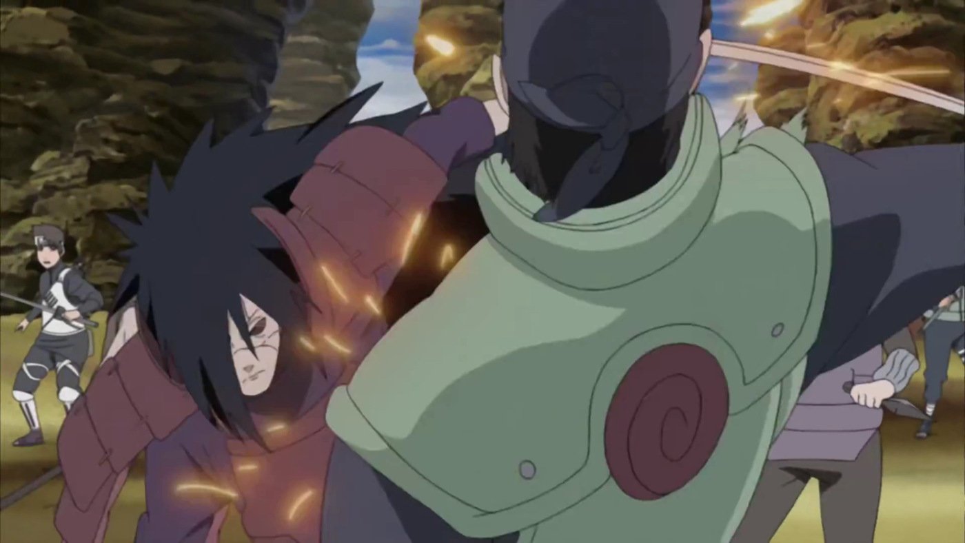 Madara Uchiha in red armour with the Rinnegan awakened, sitting cross-legged in mid-air with his war fan across his lap