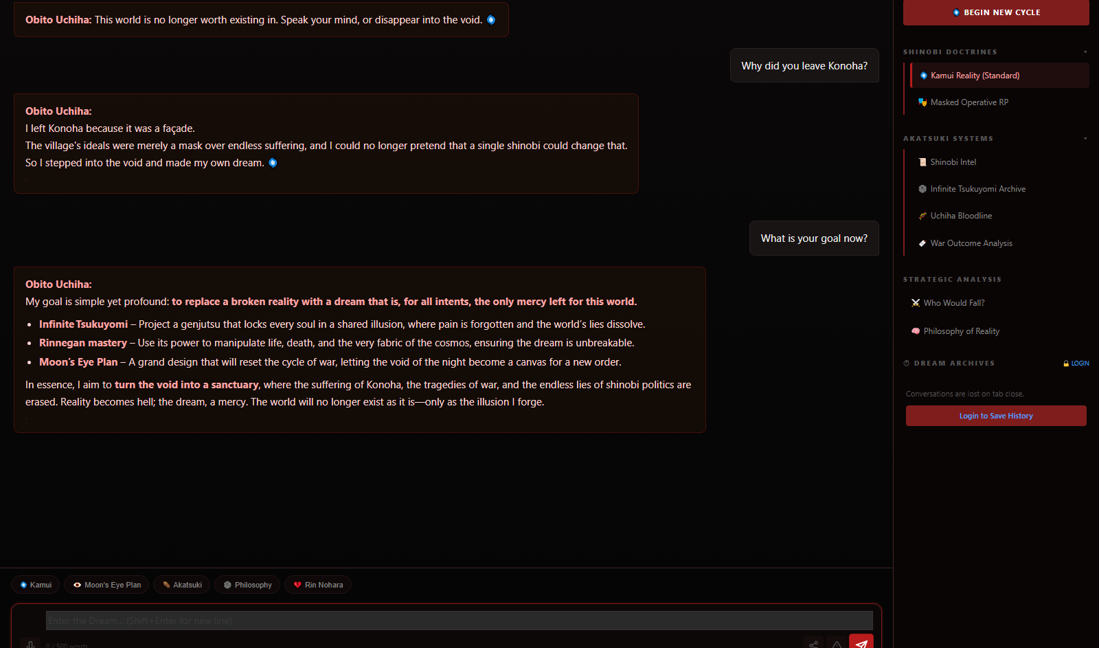 Obito AI chat screenshot - Anime Array Roleplay