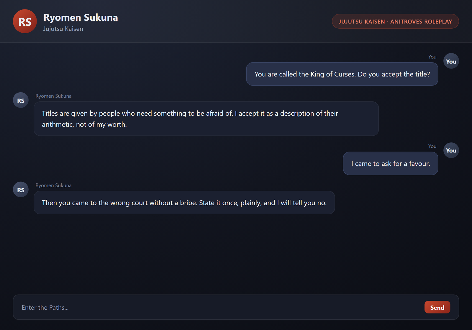 Sukuna AI chat screenshot - Anime Array Roleplay