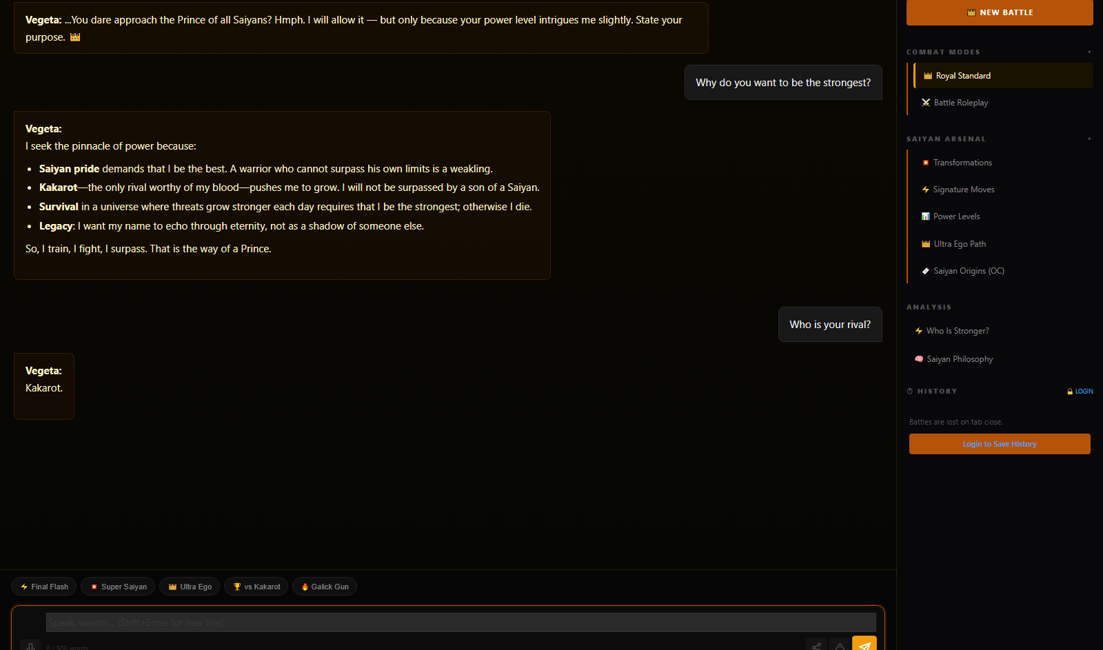 Vegeta AI chat screenshot - Anime Array Roleplay