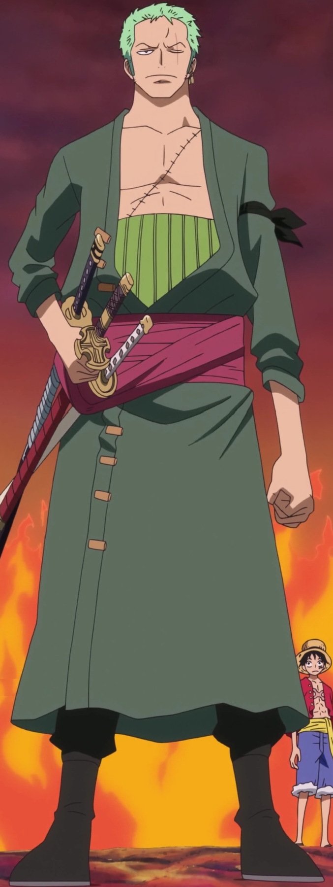 Roronoa Zoro in a green robe with three katanas at his hip