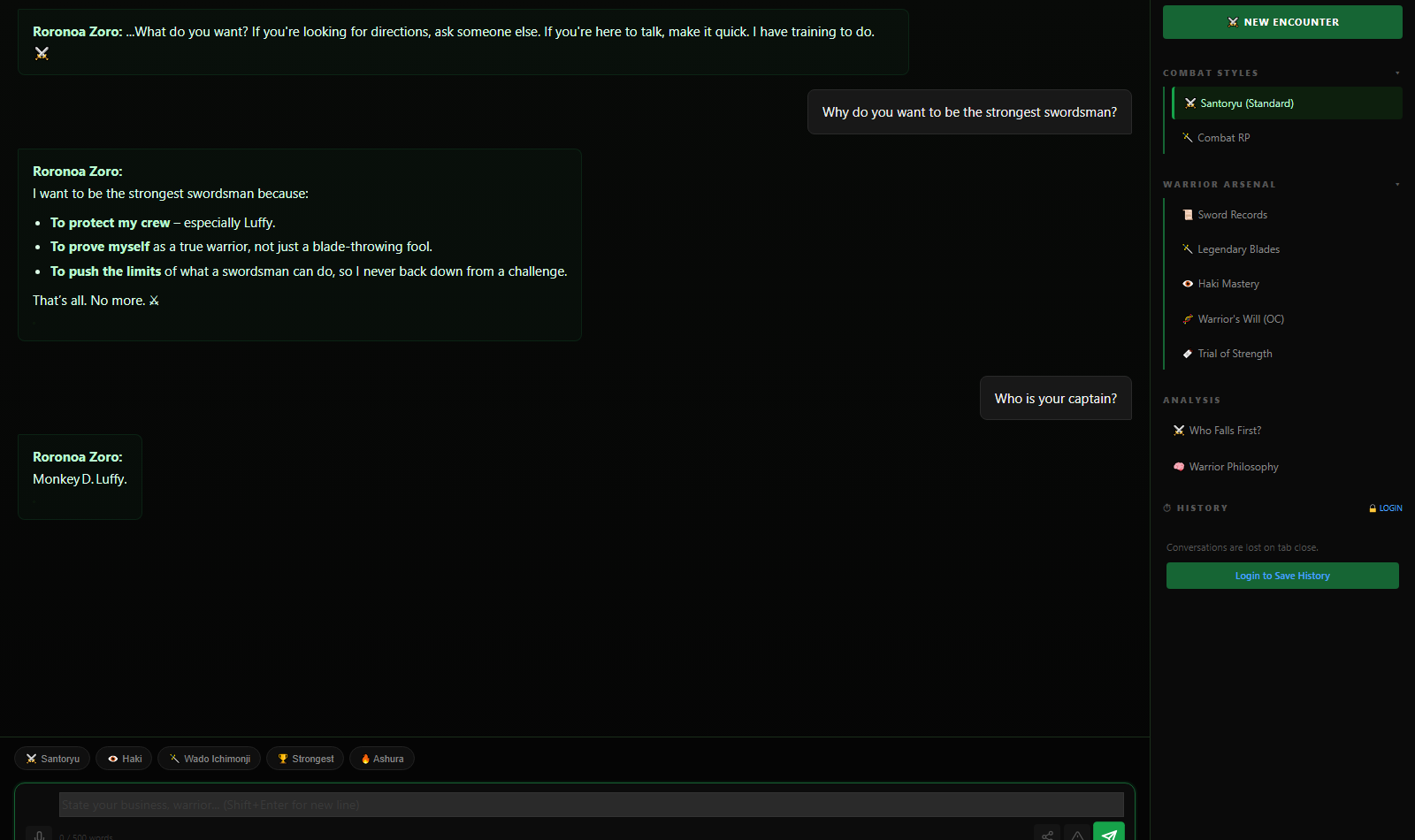 Zoro AI chat screenshot - Anime Array Roleplay