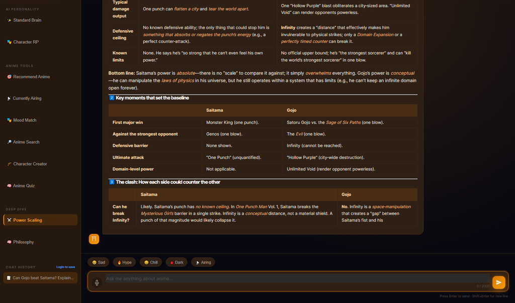 Otaku AI Power Scaling mode comparing Lelouch and Light Yagami and explaining the scaling reasoning