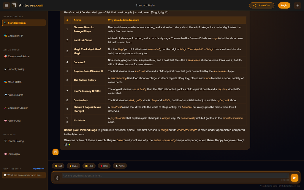 Otaku AI Anime Search mode surfacing lesser-known anime recommendations outside the popular lists