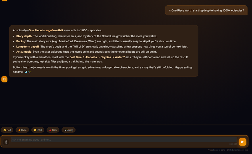 Otaku AI Standard Brain mode giving a direct recommendation on whether to watch The Melancholy of Haruhi Suzumiya